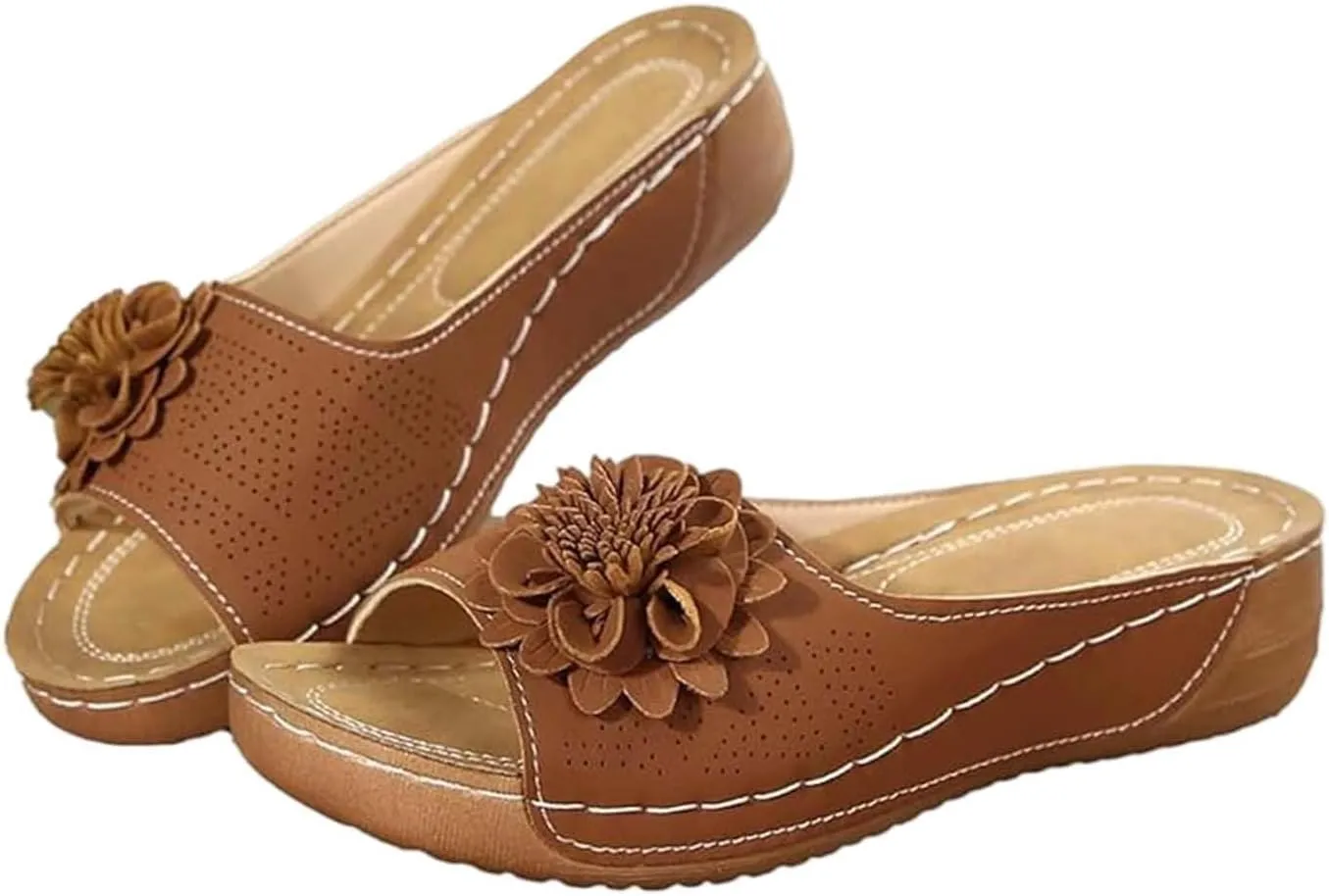 Dress Sandals for Women 2025 Comfortable Flower Sandals for Women Orthopedic Summer Beach Platform Leather Wedge Arch Support