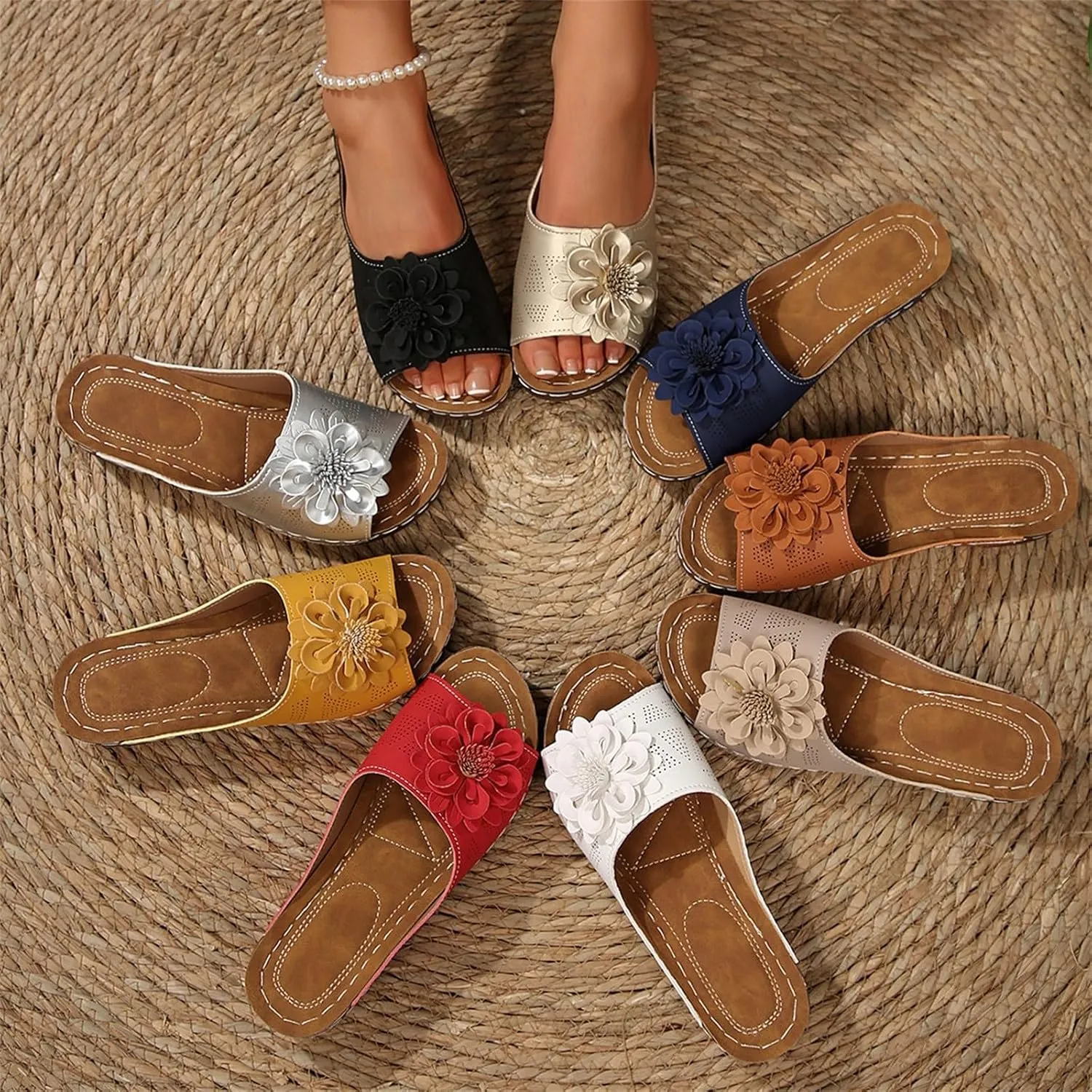 Dress Sandals for Women 2025 Comfortable Flower Sandals for Women Orthopedic Summer Beach Platform Leather Wedge Arch Support