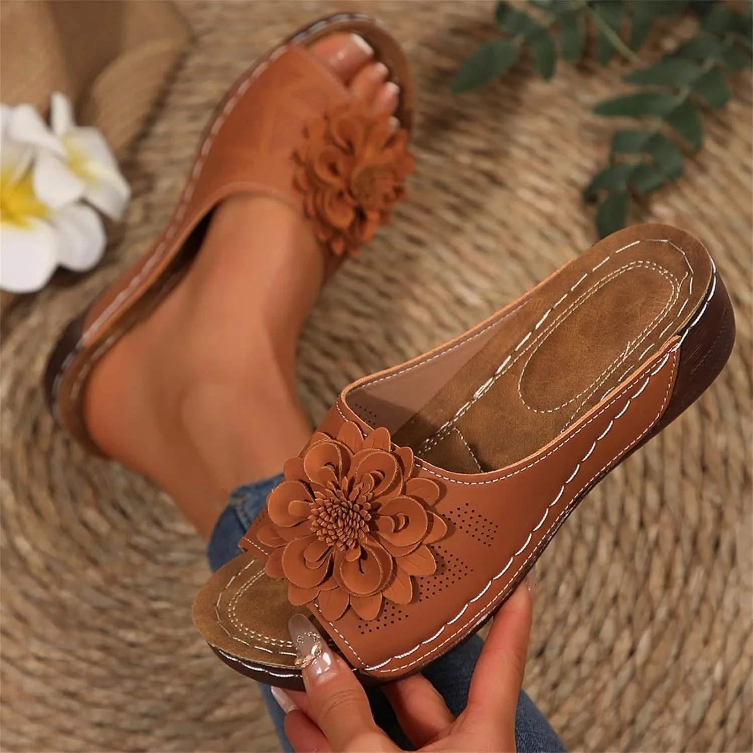 Dress Sandals for Women 2025 Comfortable Flower Sandals for Women Orthopedic Summer Beach Platform Leather Wedge Arch Support