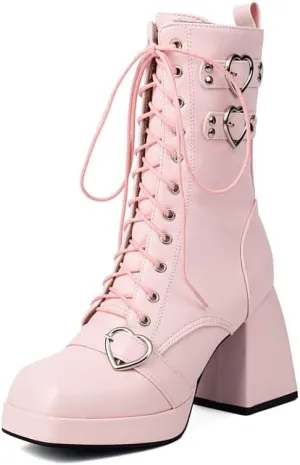 Elbslutt Goth Platform Boots for Women Lace up Chunky High Heels Combat Ankle Boots Square Toe GOGO Boots Gothic Ankle Booties Block Heel Buckle Punk Shoes
