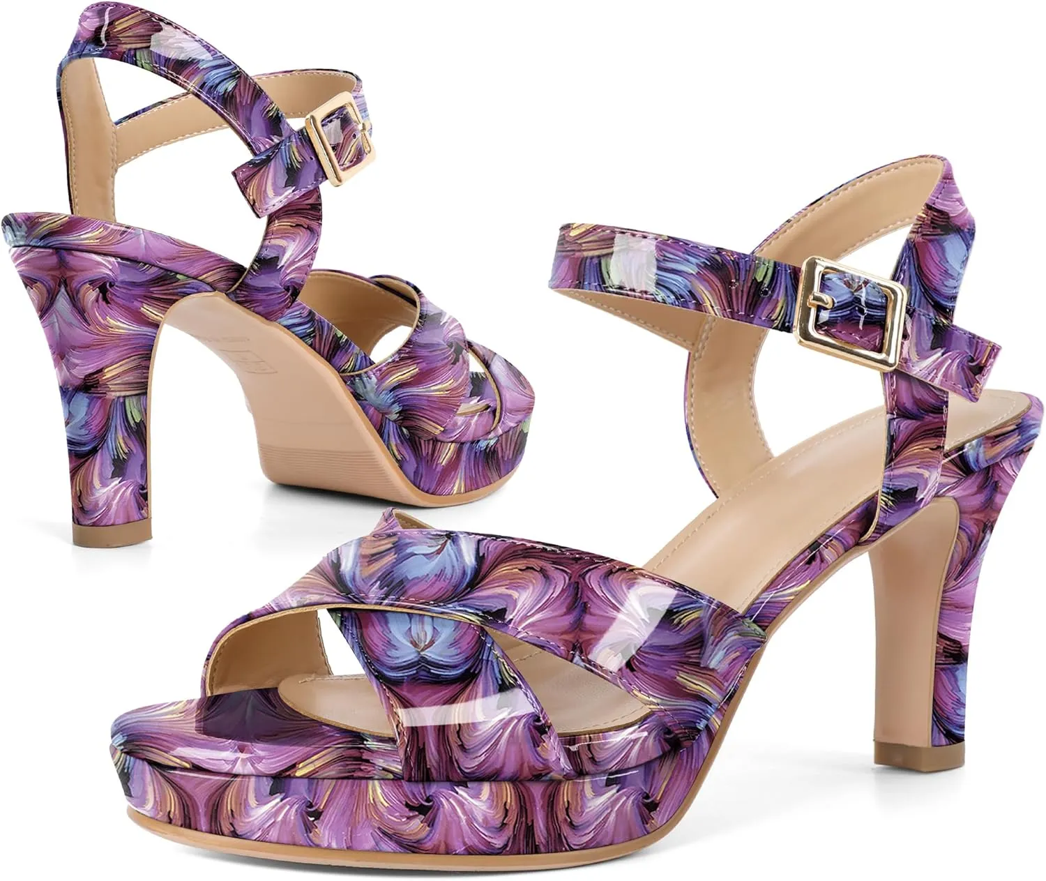 Eldof Women Platform Chunky Heels Open Toe Ankle Strap Heeled Sandals 3 Inches