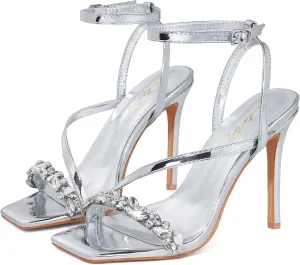 Elisabet Tang Women’s Crystal Stilettos Heeled Sandals, 4 Inch Square Open Toe Strappy Sexy High Heels Ankle Strap Buckle Heels for Party Wedding Dress Daily Wear Shoes