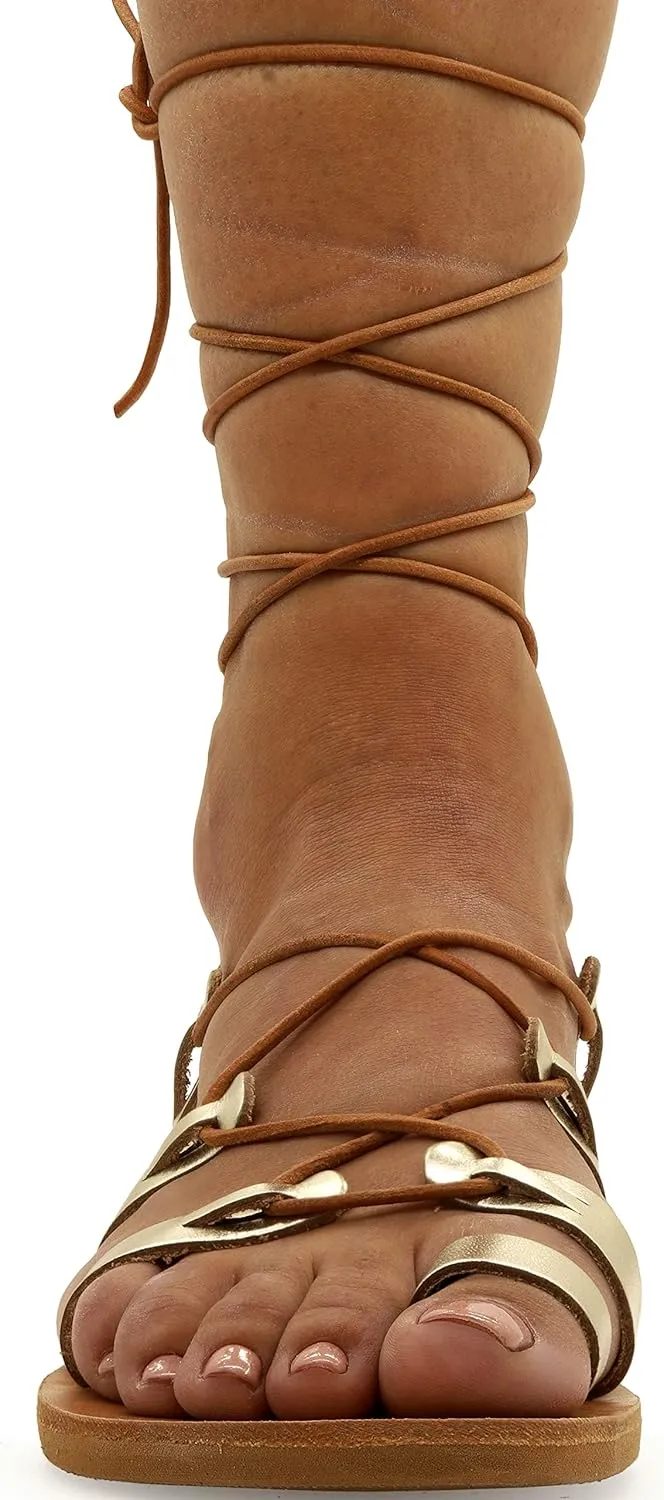 Emmanuela Ancient Greek Style Calf High Leather Sandals, Handmade Gladiator Tie up Sandals, Quality Strappy Summer Shoes, Boho Chic Toe Ring Lace up Sandals