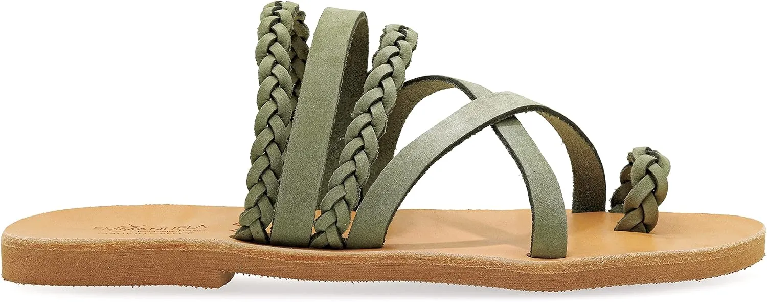 Emmanuela Greek Style Sandals with braided parts, Quality Handmade Leather Toe Ring Flat Sandals, Slide on Summer Shoes for Women, Boho Chic Slider Sandals