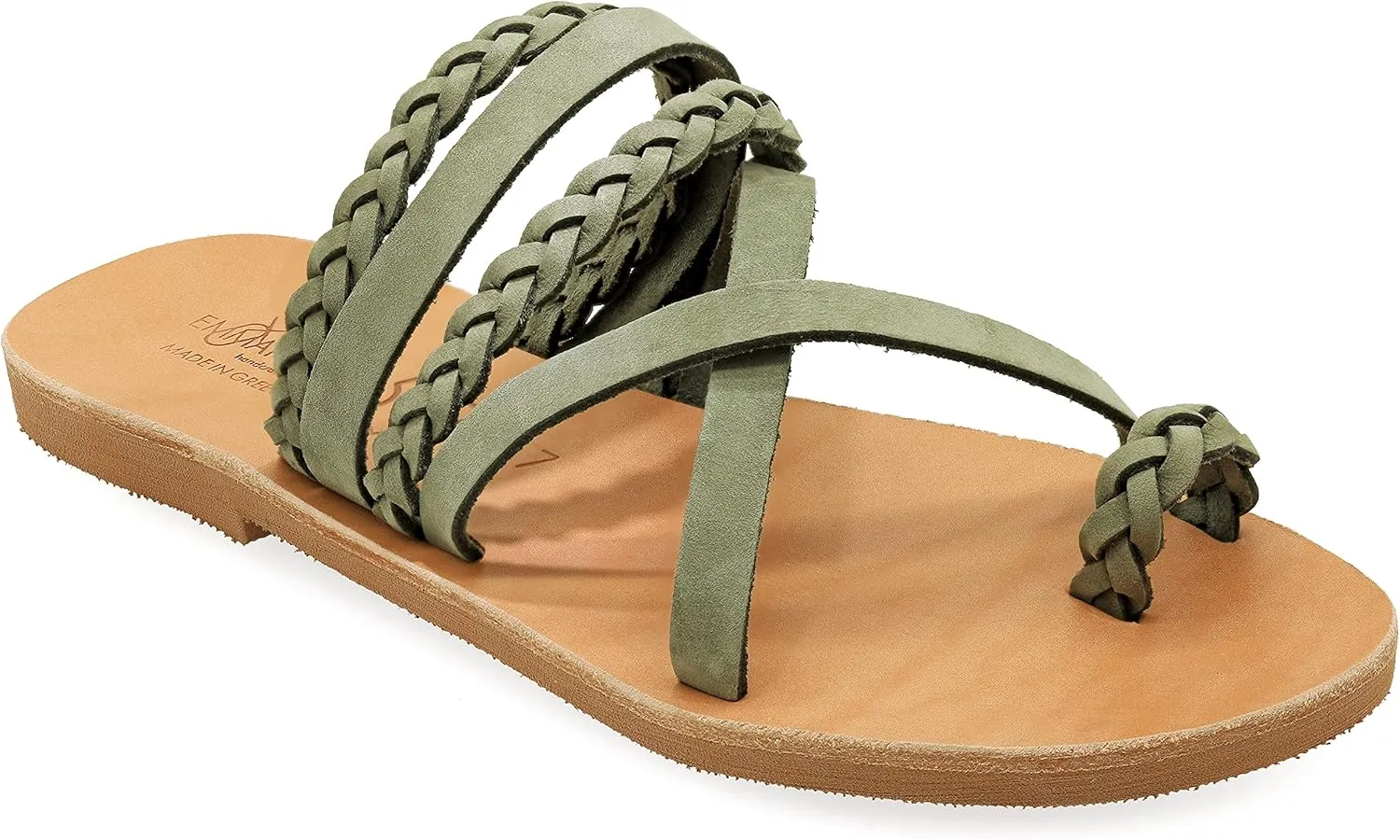 Emmanuela Greek Style Sandals with braided parts, Quality Handmade Leather Toe Ring Flat Sandals, Slide on Summer Shoes for Women, Boho Chic Slider Sandals