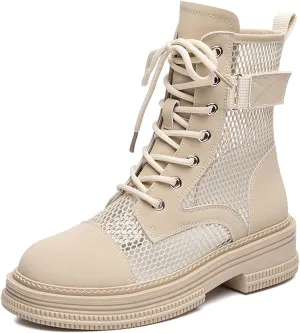 ErikenUrben Women Mesh Combat Boots Platform Lace up Ankle Boots Zip