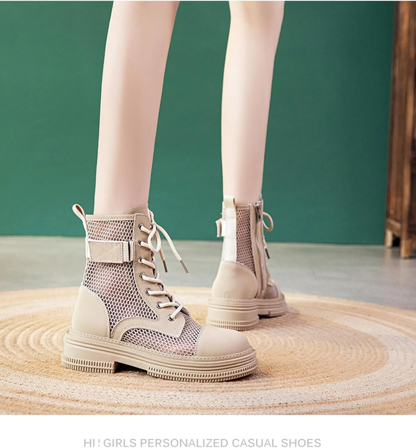 ErikenUrben Women Mesh Combat Boots Platform Lace up Ankle Boots Zip
