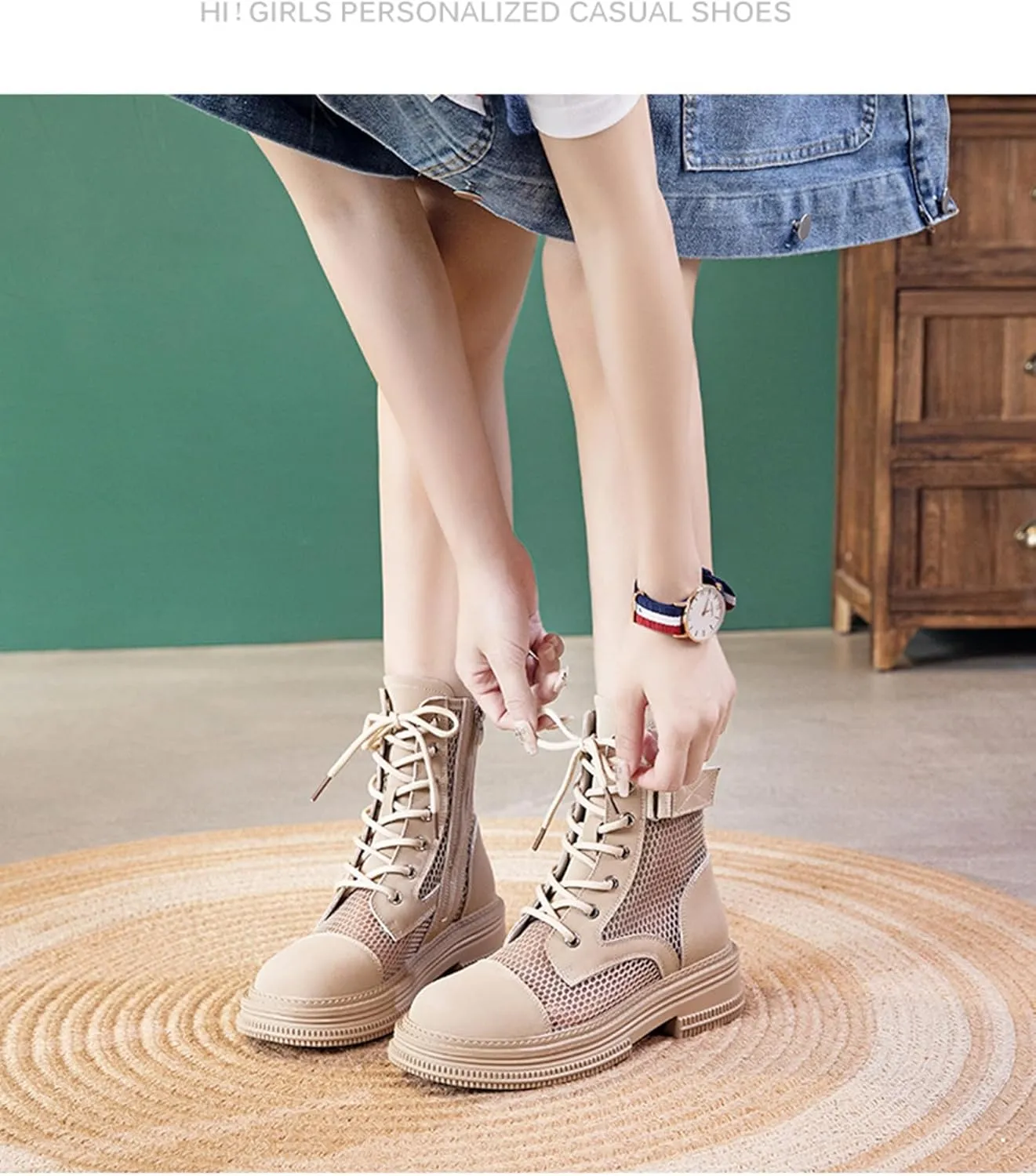 ErikenUrben Women Mesh Combat Boots Platform Lace up Ankle Boots Zip