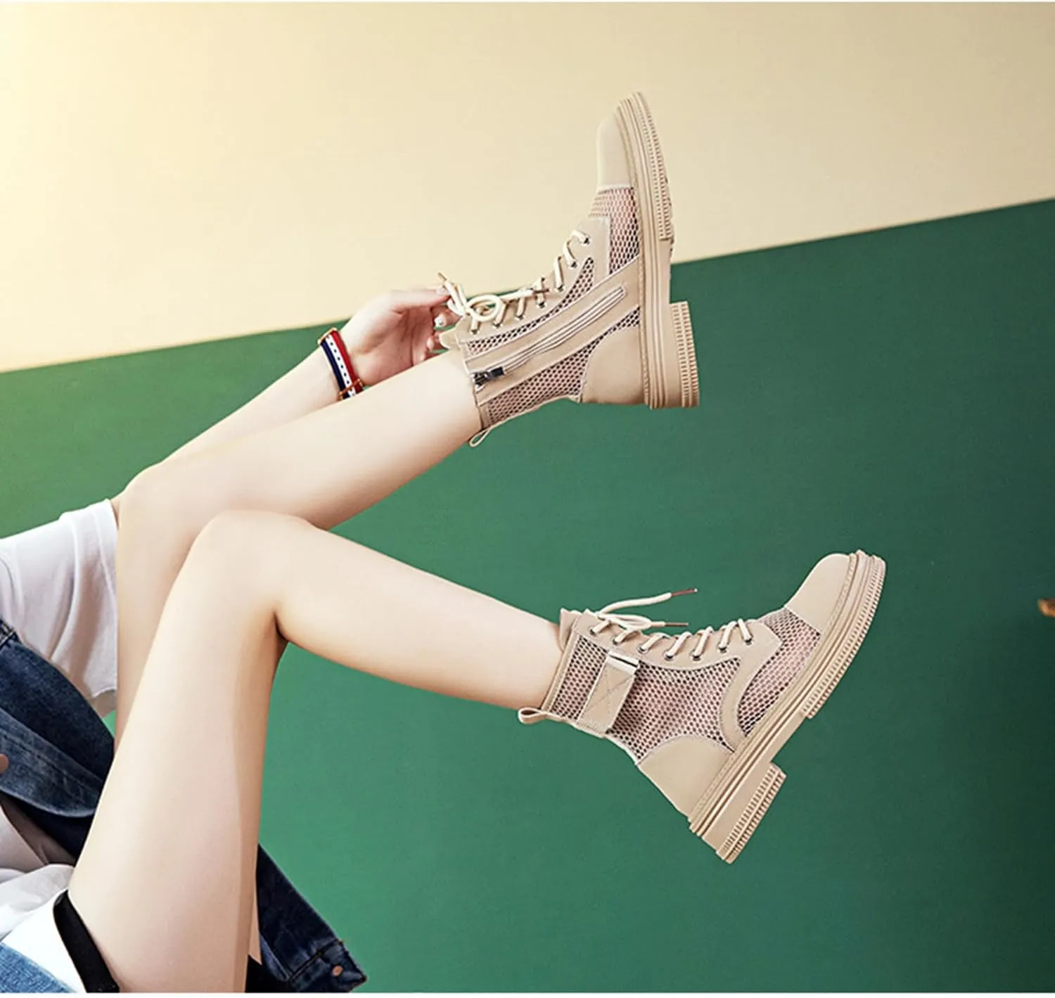 ErikenUrben Women Mesh Combat Boots Platform Lace up Ankle Boots Zip