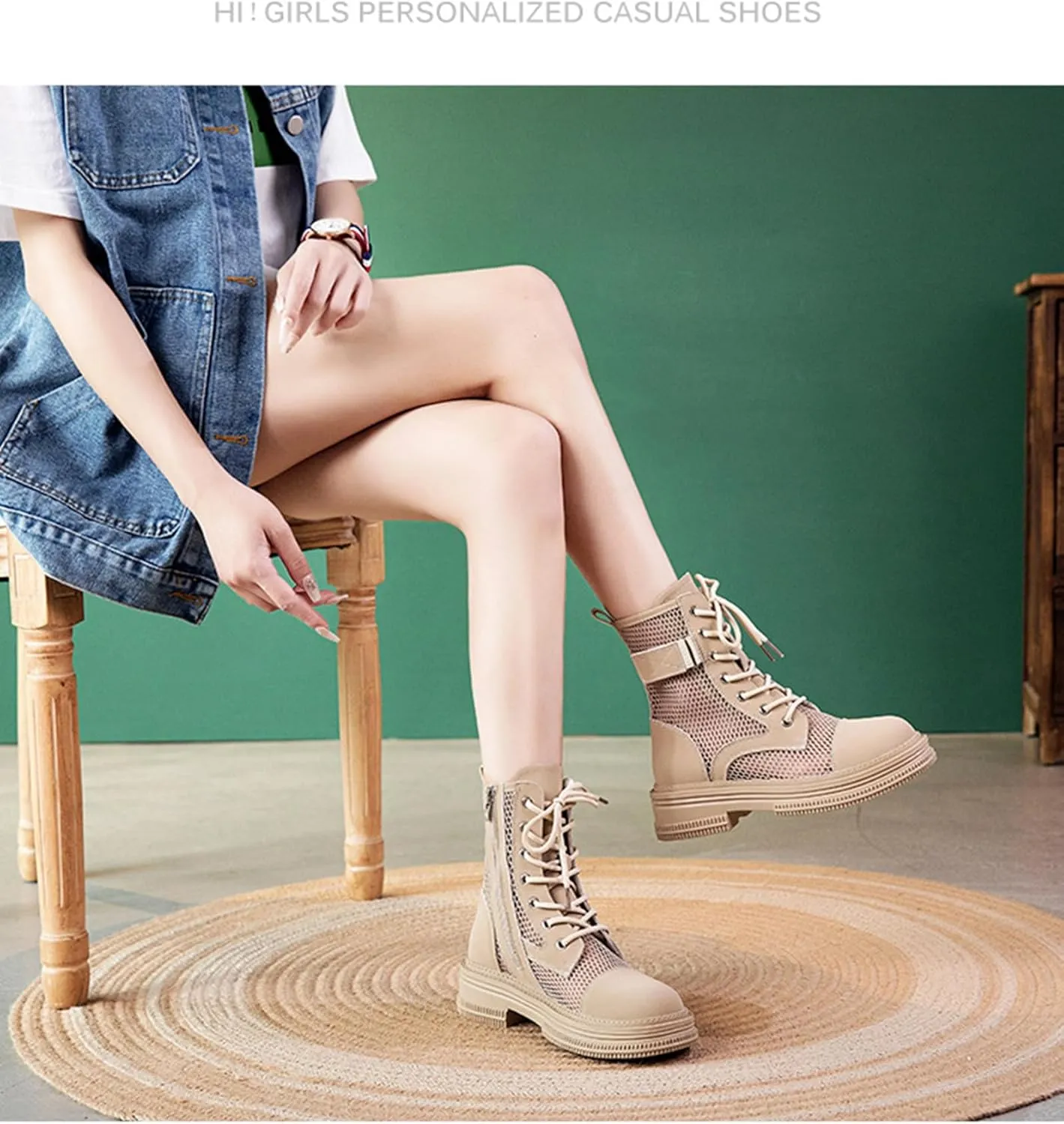 ErikenUrben Women Mesh Combat Boots Platform Lace up Ankle Boots Zip