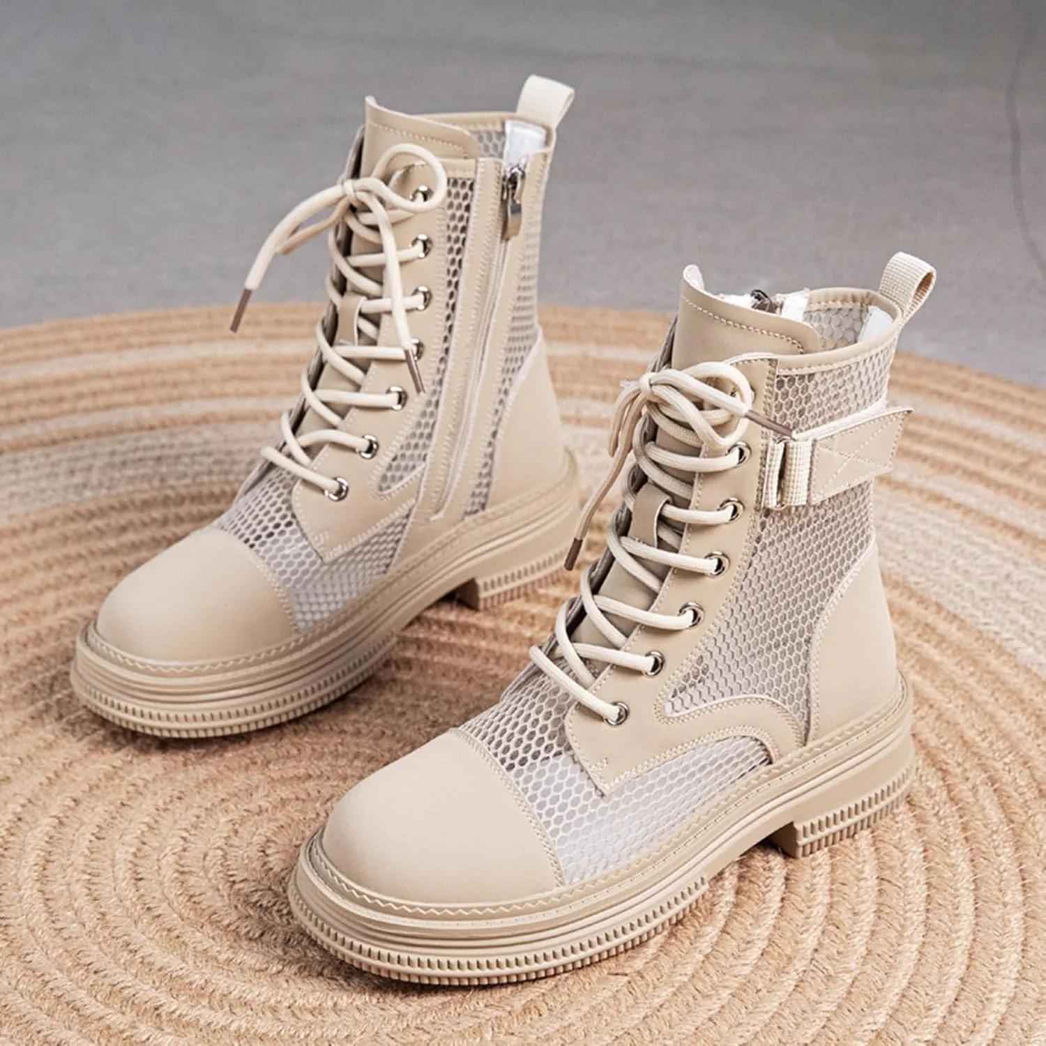 ErikenUrben Women Mesh Combat Boots Platform Lace up Ankle Boots Zip