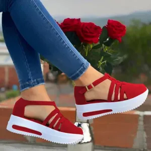 Espadrilles Sandals for Women Casual Summer Rhinestone Glitter Flatform Sandal Ankle Strap Buckle Crystal Platform Sandals Strappy Open Toe Wedge Sandals Sparkling Round Toe Outdoor (#A-Red, 8)
