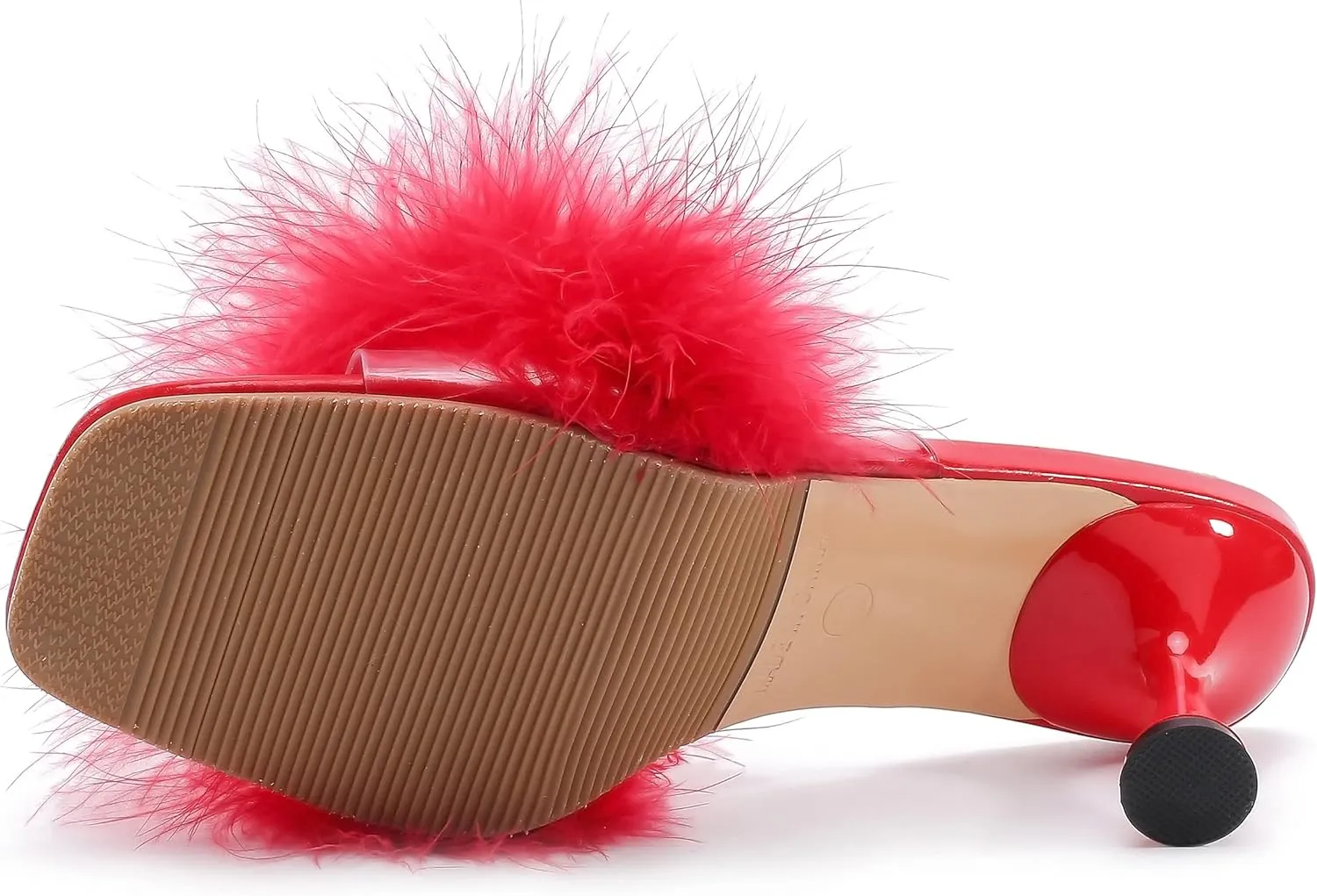 fereshte Women's Feather Heels Sandals Fluffy Fur Clear Strap Slip On Square Toe Kitten Mules
