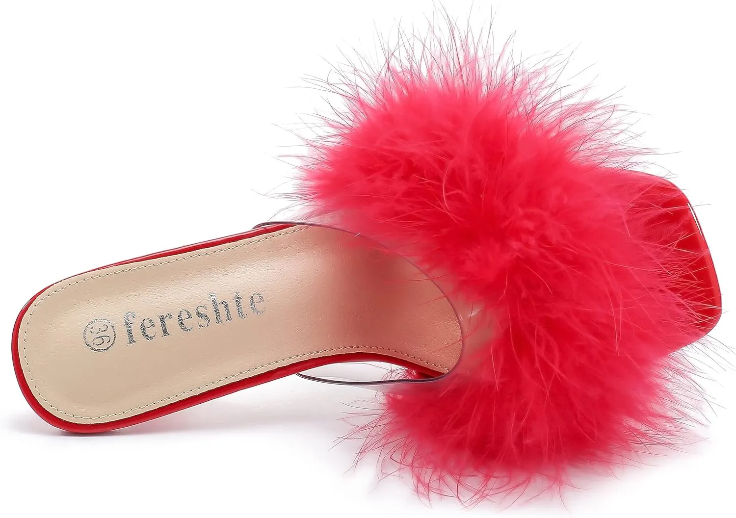 fereshte Women's Feather Heels Sandals Fluffy Fur Clear Strap Slip On Square Toe Kitten Mules