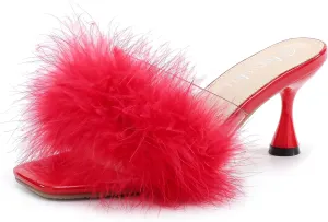 fereshte Women's Feather Heels Sandals Fluffy Fur Clear Strap Slip On Square Toe Kitten Mules