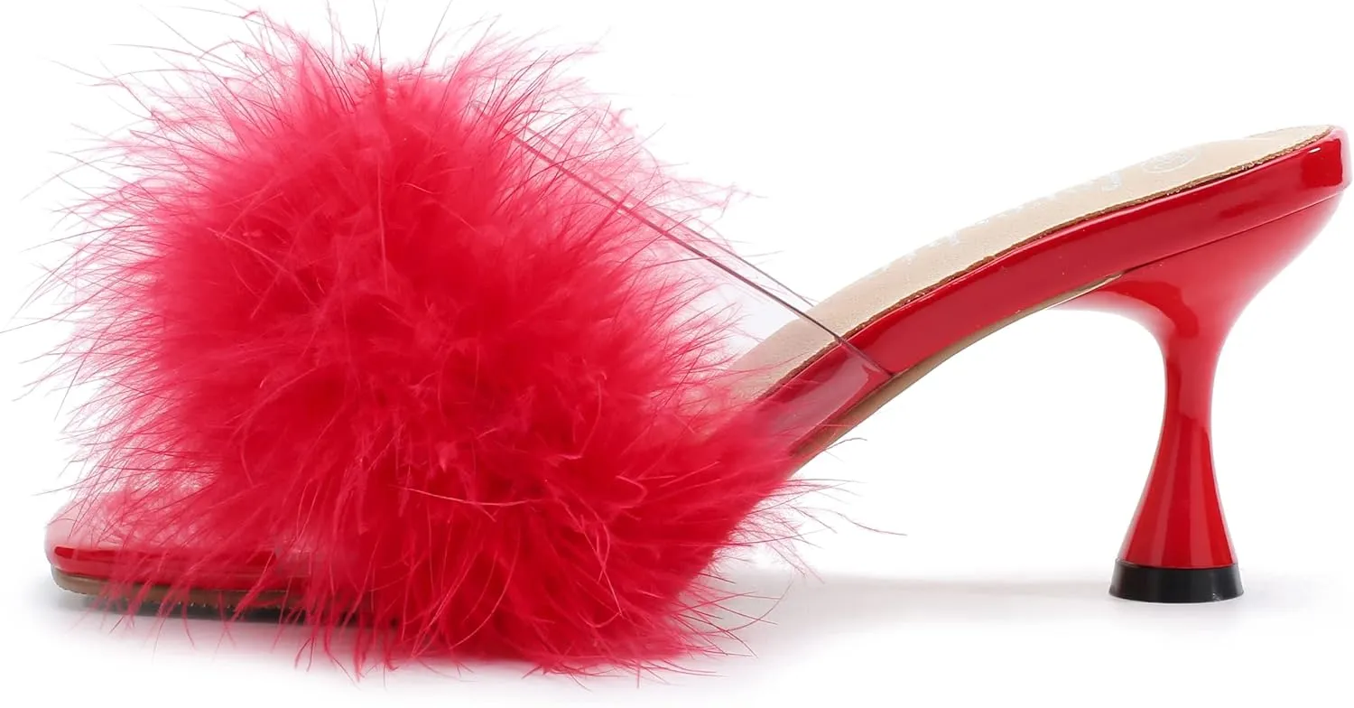 fereshte Women's Feather Heels Sandals Fluffy Fur Clear Strap Slip On Square Toe Kitten Mules