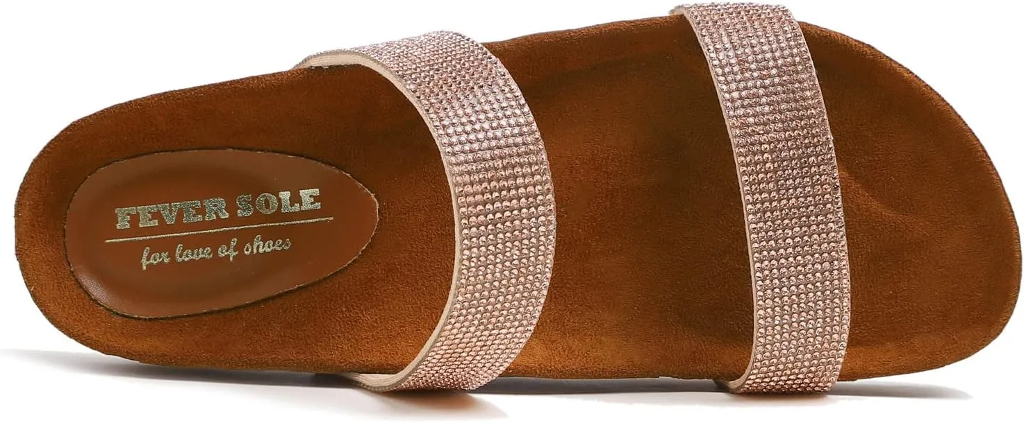 FEVERSOLE Women's Fashion Sparkle Slide Sandals Soft Cork Footbed Comfort Flats