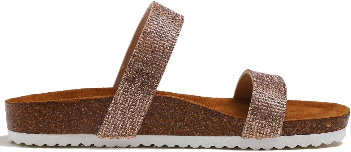 FEVERSOLE Women's Fashion Sparkle Slide Sandals Soft Cork Footbed Comfort Flats