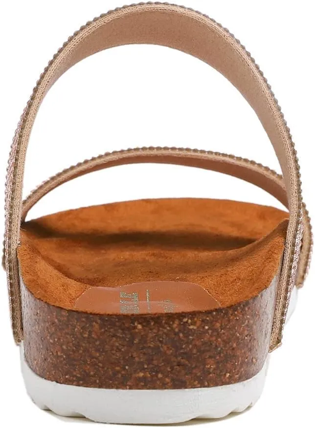 FEVERSOLE Women's Fashion Sparkle Slide Sandals Soft Cork Footbed Comfort Flats