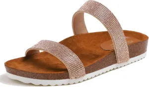 FEVERSOLE Women's Fashion Sparkle Slide Sandals Soft Cork Footbed Comfort Flats