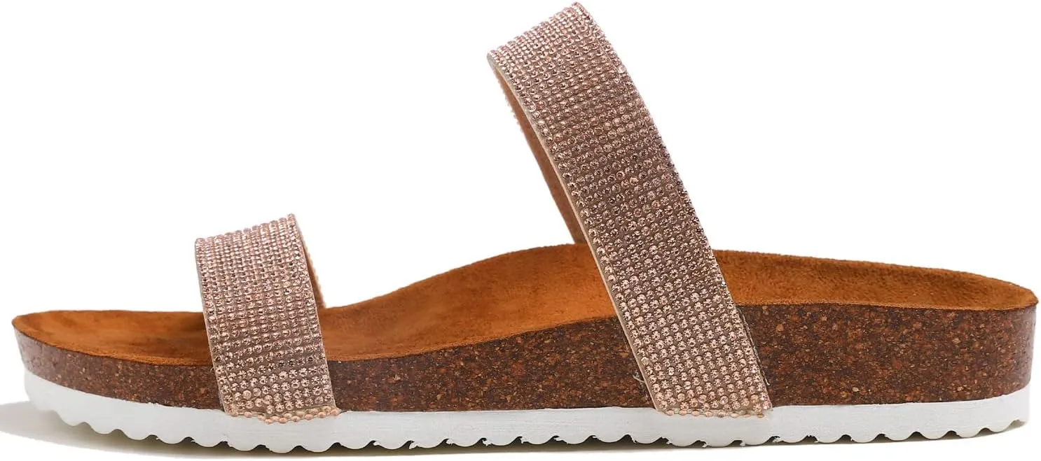 FEVERSOLE Women's Fashion Sparkle Slide Sandals Soft Cork Footbed Comfort Flats