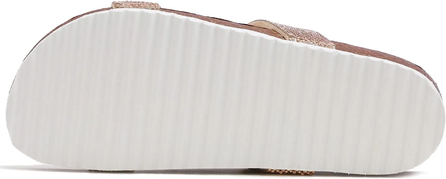 FEVERSOLE Women's Fashion Sparkle Slide Sandals Soft Cork Footbed Comfort Flats