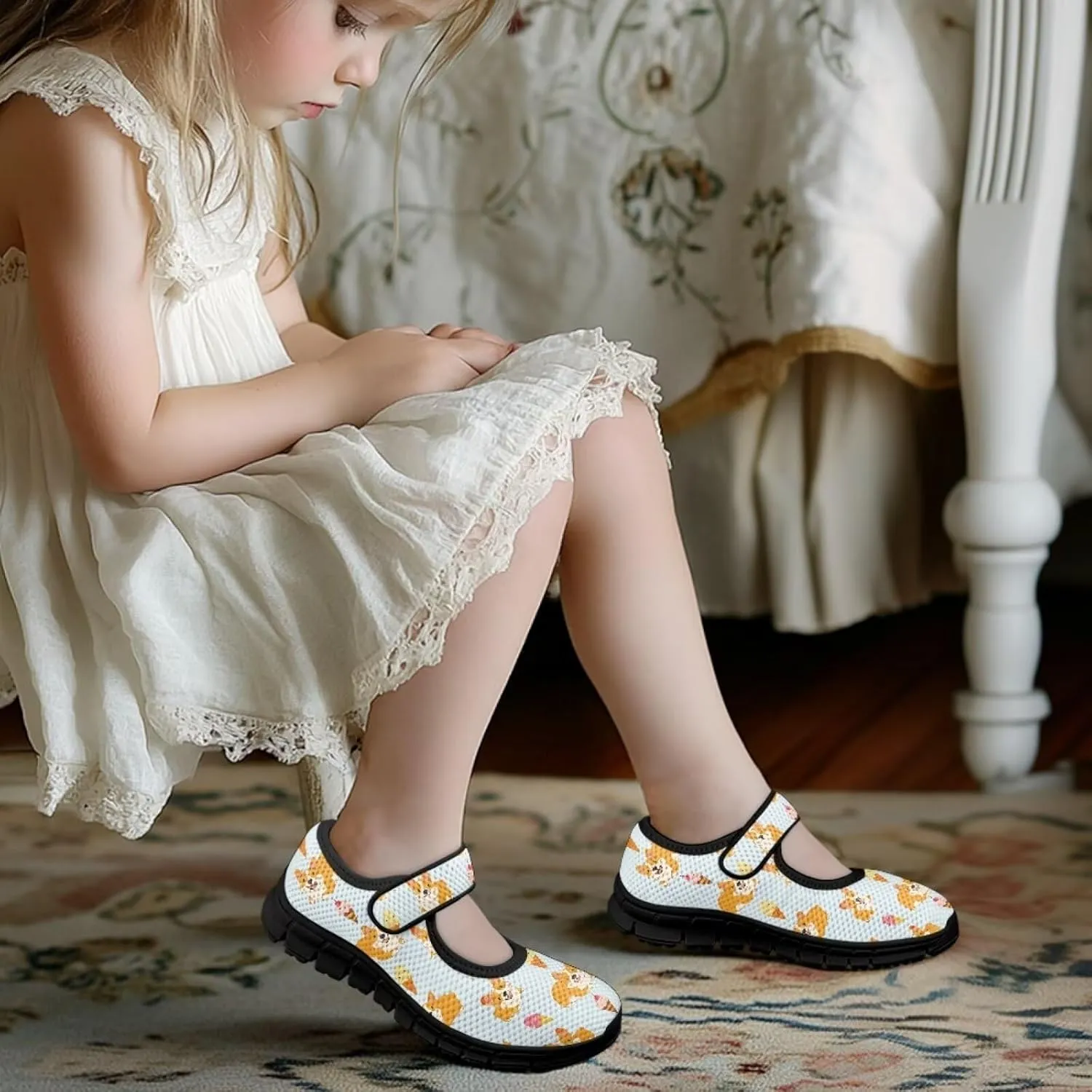 Forchrinse Girls and Toddler Girls Mary Jane Shoes Red Strawberry Corgi Print Sneaker Comfort Slip on Dressy Shoes for School
