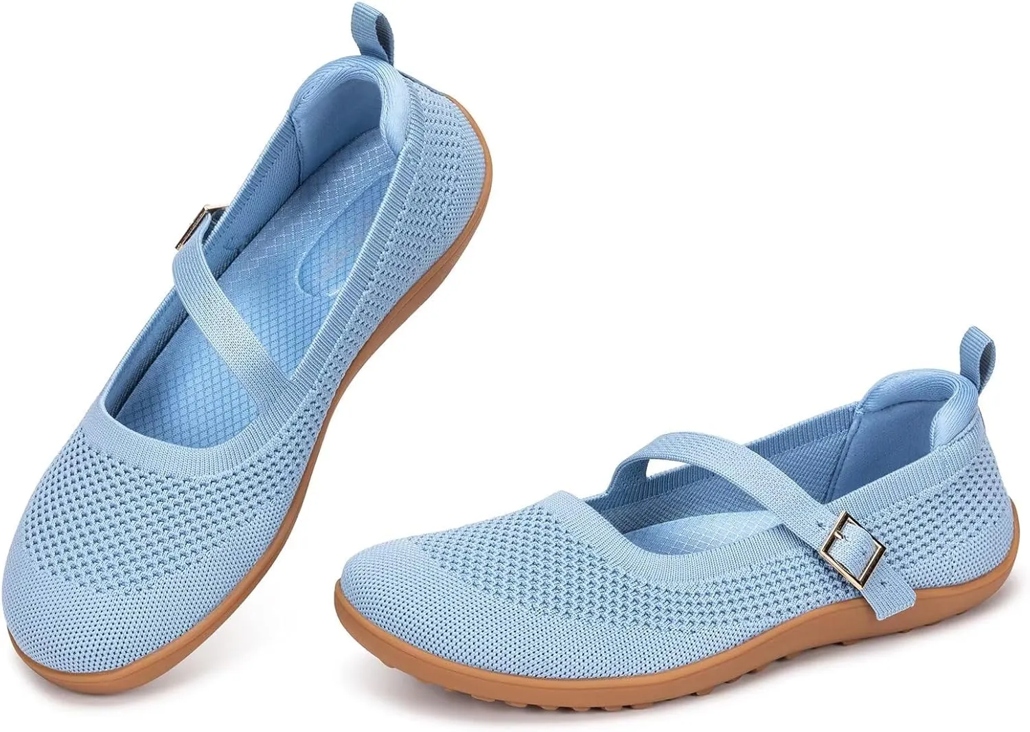 Frank Mully Women's Wide Width Flats Mary Jane Flat Comofortable Knit Ballet Flat Wide Toe Box Dress Shoes with Adjustable Straps