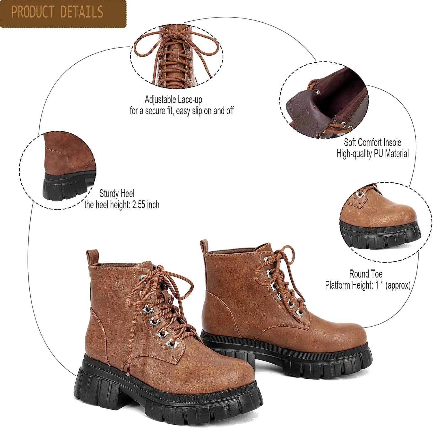 GATUXUS Women's Lace Up Combat Ankle Boots Fashion Low Chunky Heels Lug Sole Platform Hiking Booties Shoes
