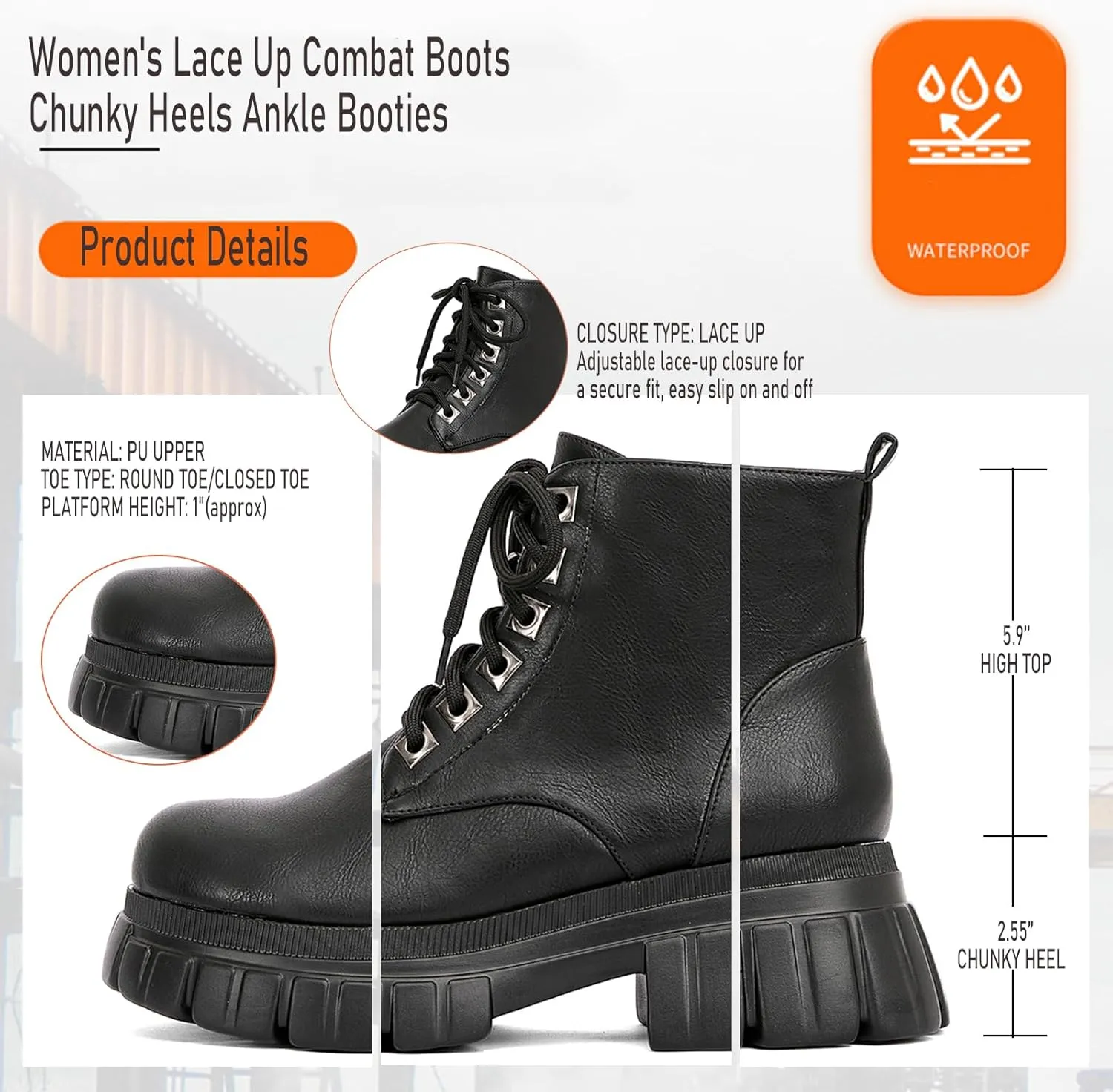 GATUXUS Women's Lace Up Combat Ankle Boots Fashion Low Chunky Heels Lug Sole Platform Hiking Booties Shoes