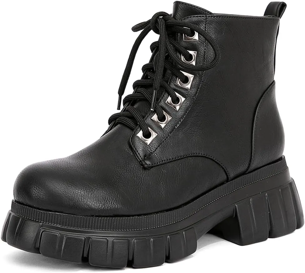 GATUXUS Women's Lace Up Combat Ankle Boots Fashion Low Chunky Heels Lug Sole Platform Hiking Booties Shoes