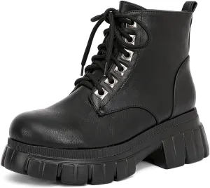 GATUXUS Women's Lace Up Combat Ankle Boots Fashion Low Chunky Heels Lug Sole Platform Hiking Booties Shoes