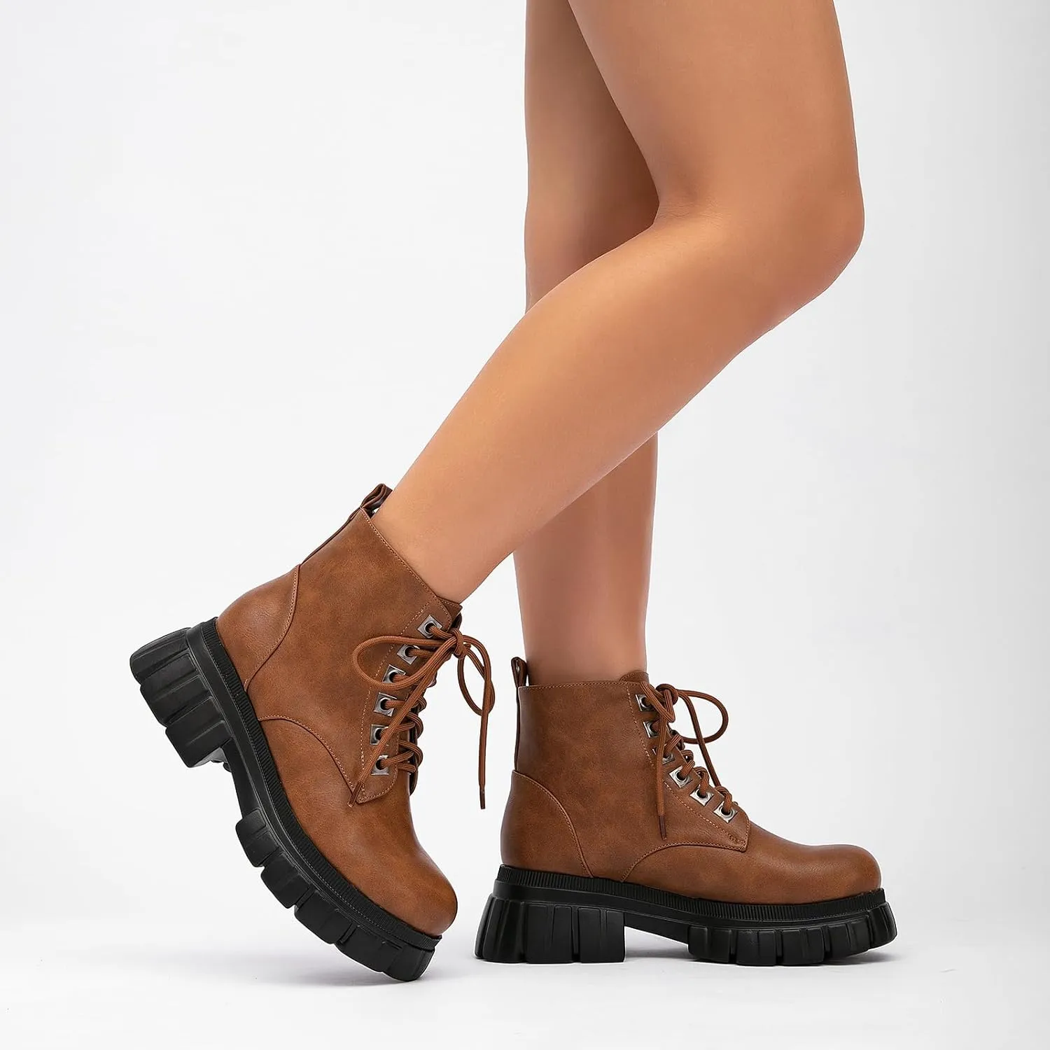 GATUXUS Women's Lace Up Combat Ankle Boots Fashion Low Chunky Heels Lug Sole Platform Hiking Booties Shoes