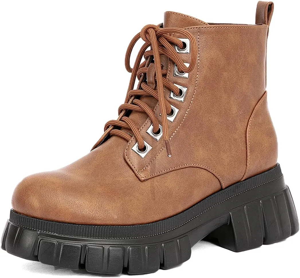 GATUXUS Women's Lace Up Combat Ankle Boots Fashion Low Chunky Heels Lug Sole Platform Hiking Booties Shoes