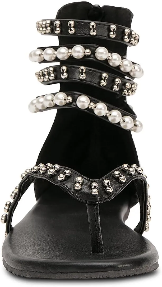 GATUXUS Women's Pearls Thong Flats Sandals Beads Ankle Strappy Back Zipper Flip Flops Dress Sandals Shoes