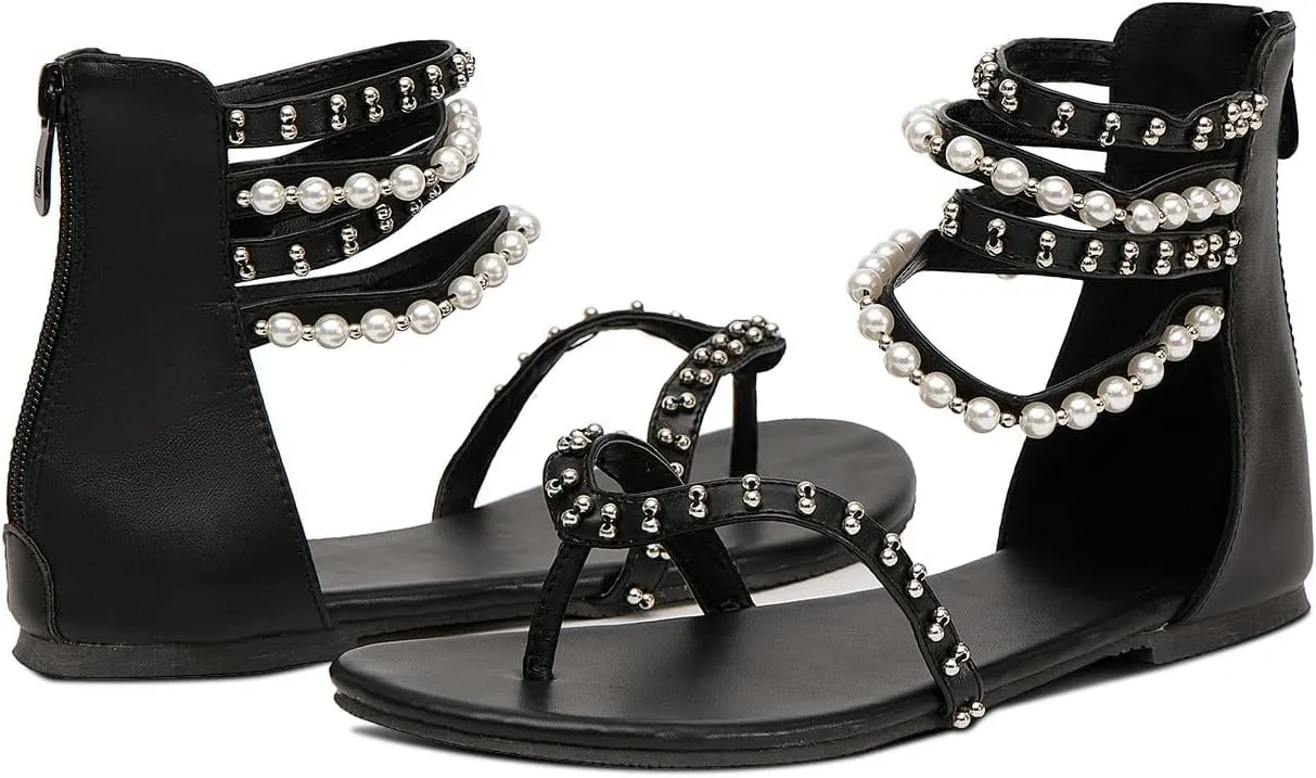 GATUXUS Women's Pearls Thong Flats Sandals Beads Ankle Strappy Back Zipper Flip Flops Dress Sandals Shoes