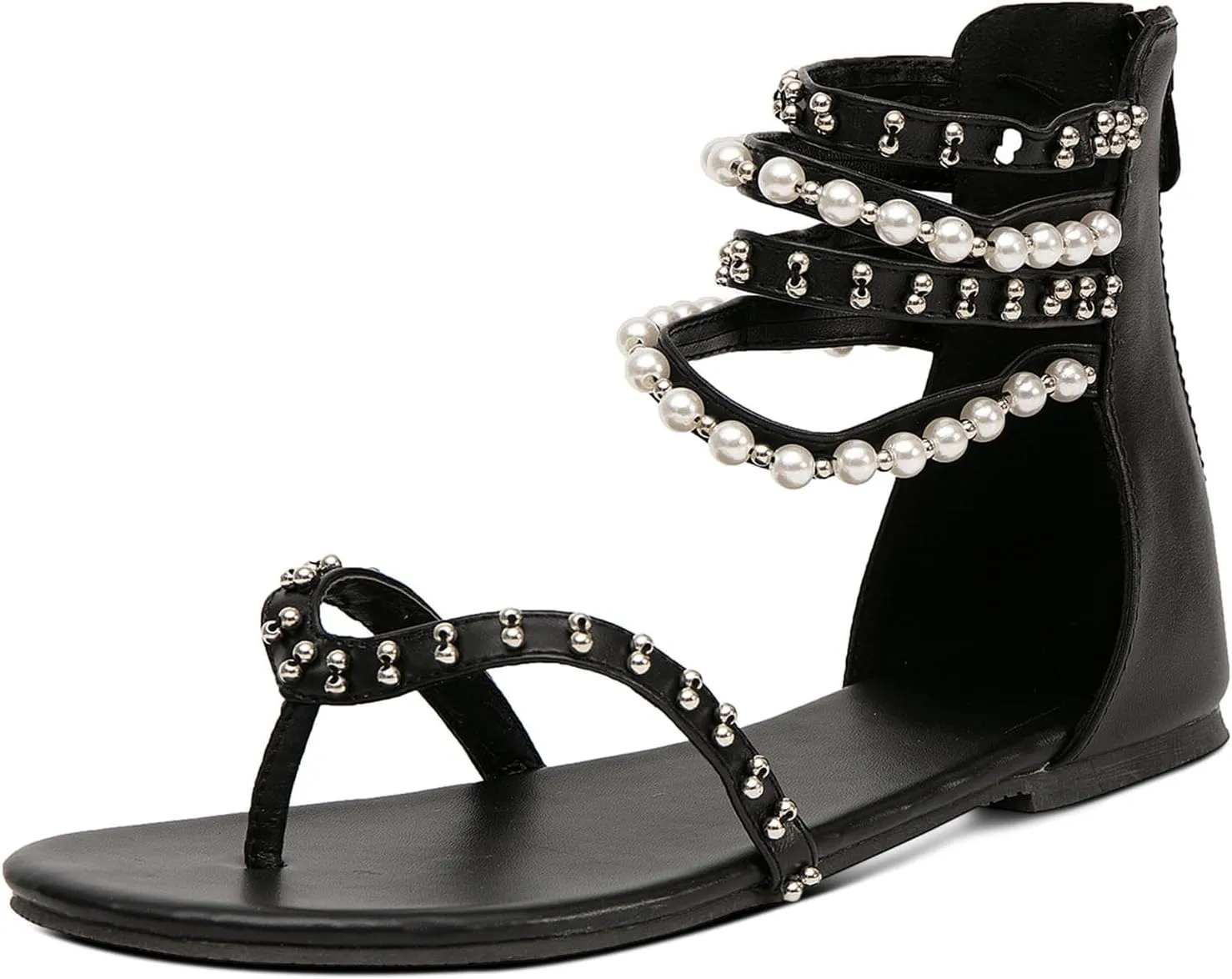 GATUXUS Women's Pearls Thong Flats Sandals Beads Ankle Strappy Back Zipper Flip Flops Dress Sandals Shoes