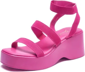 GENSHUO Women's Platform Open Toe Ankle Strap Casual Elastic Strap Flatform Wedge Sandals