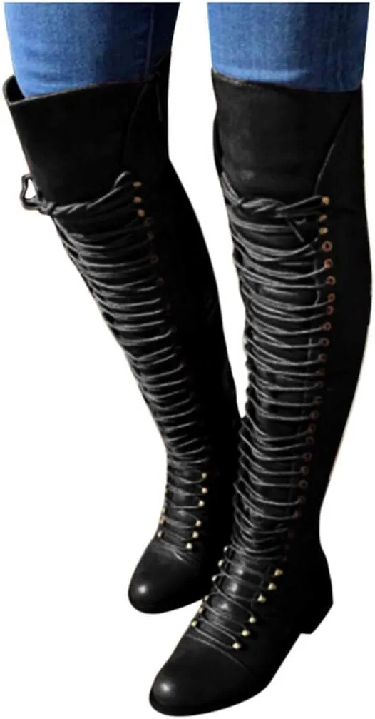 Gibobby Knee High Boots for Women, Low Heel Combat Motorcycle Riding Boots, Black, Size 8