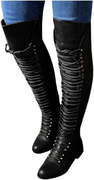Gibobby Knee High Boots for Women, Low Heel Combat Motorcycle Riding Boots, Black, Size 8