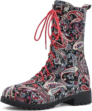 Gicoiz Women Round Toe Mid Calf Combat Boots Lace Up