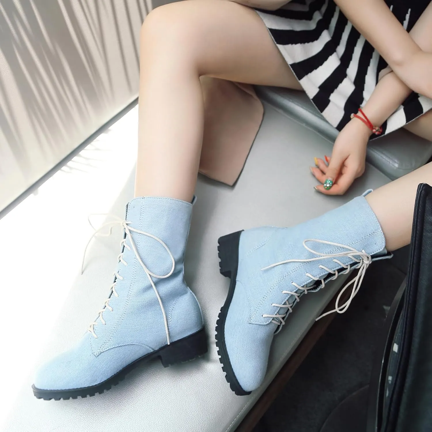 Gicoiz Women Round Toe Mid Calf Combat Boots Lace Up