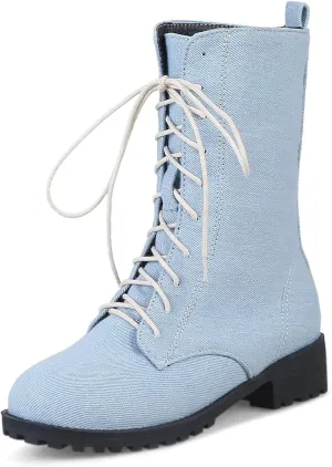 Gicoiz Women Round Toe Mid Calf Combat Boots Lace Up