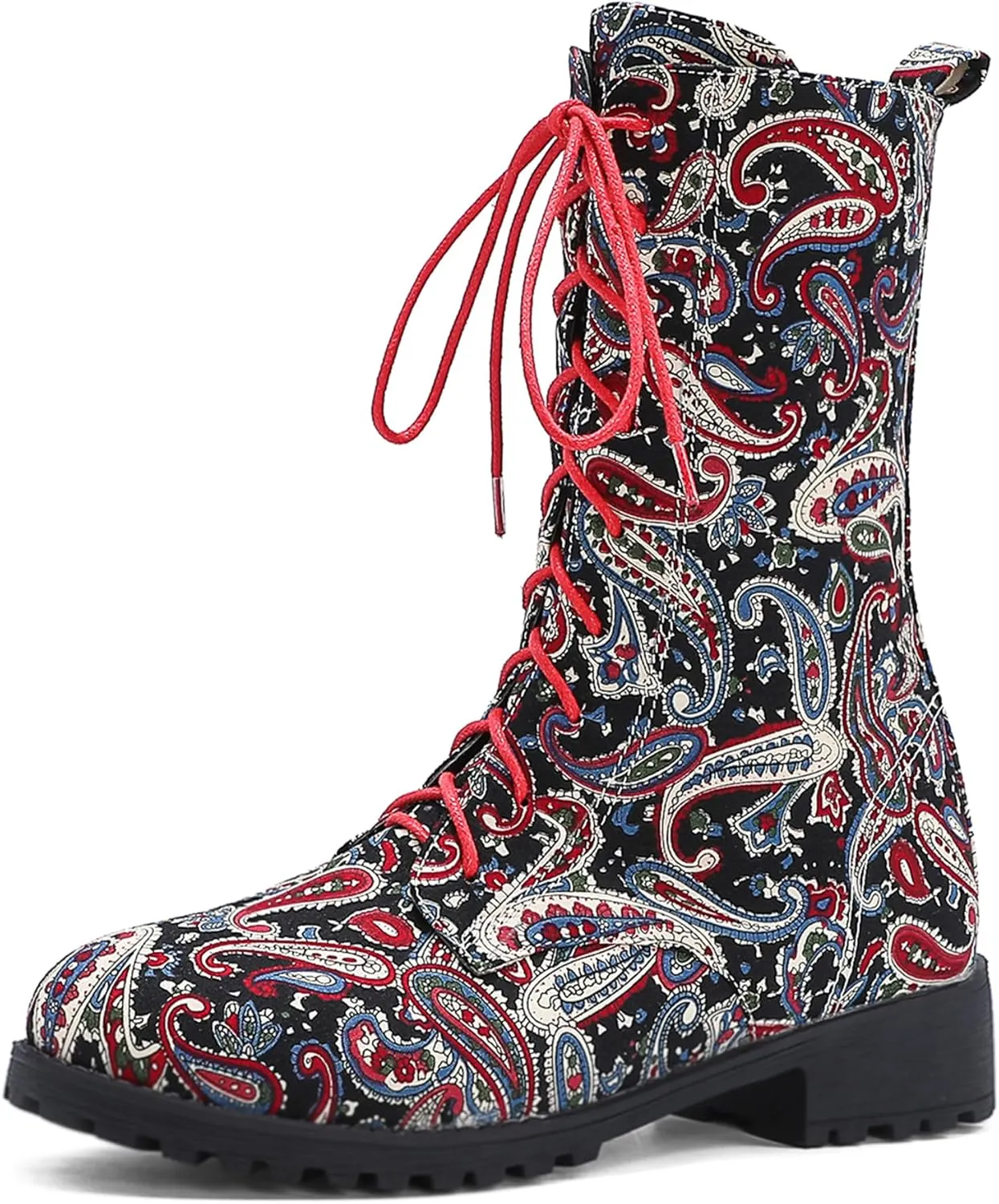 Gicoiz Women Round Toe Mid Calf Combat Boots Lace Up