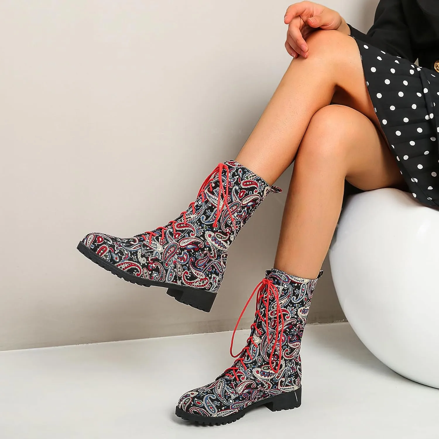 Gicoiz Women Round Toe Mid Calf Combat Boots Lace Up