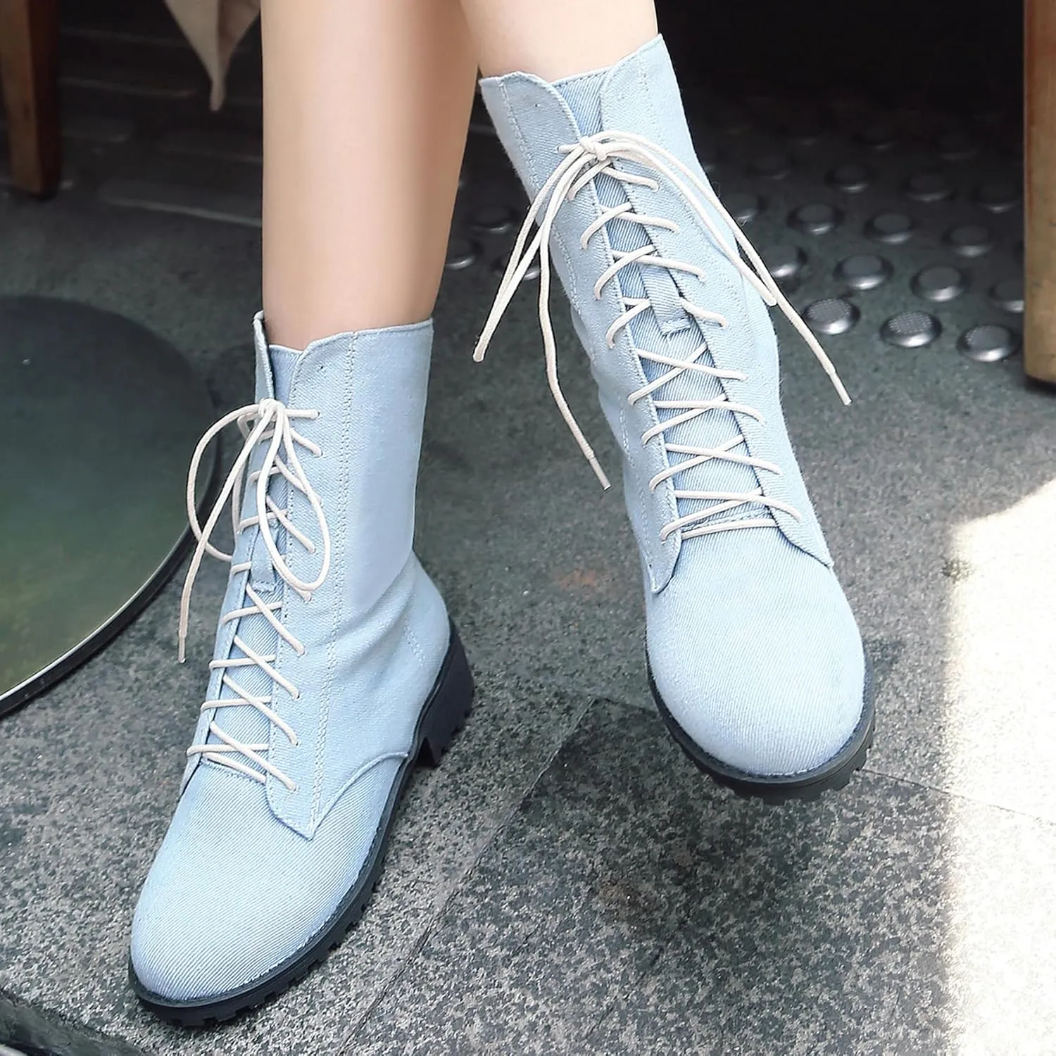 Gicoiz Women Round Toe Mid Calf Combat Boots Lace Up