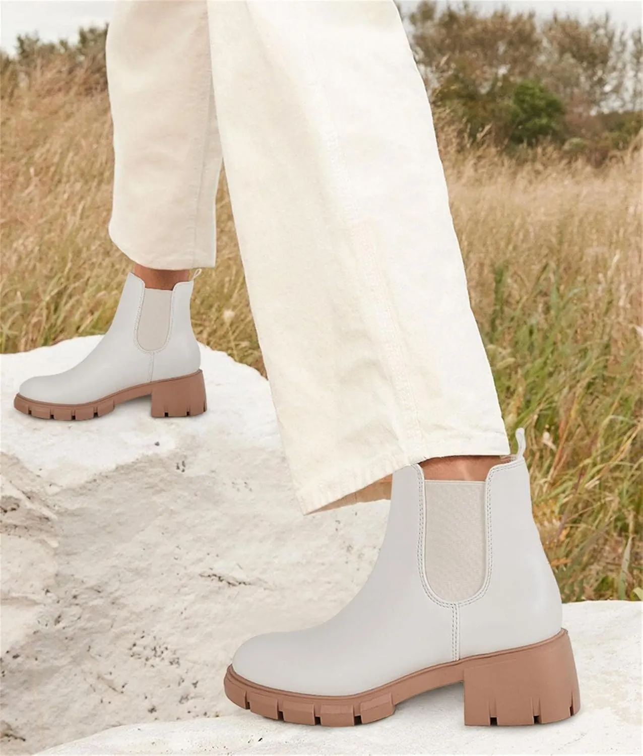 gihubafuil Women’s Chelsea Boots Fashion Platform Chunky Block Heels Slip On Combat Ankle Booties