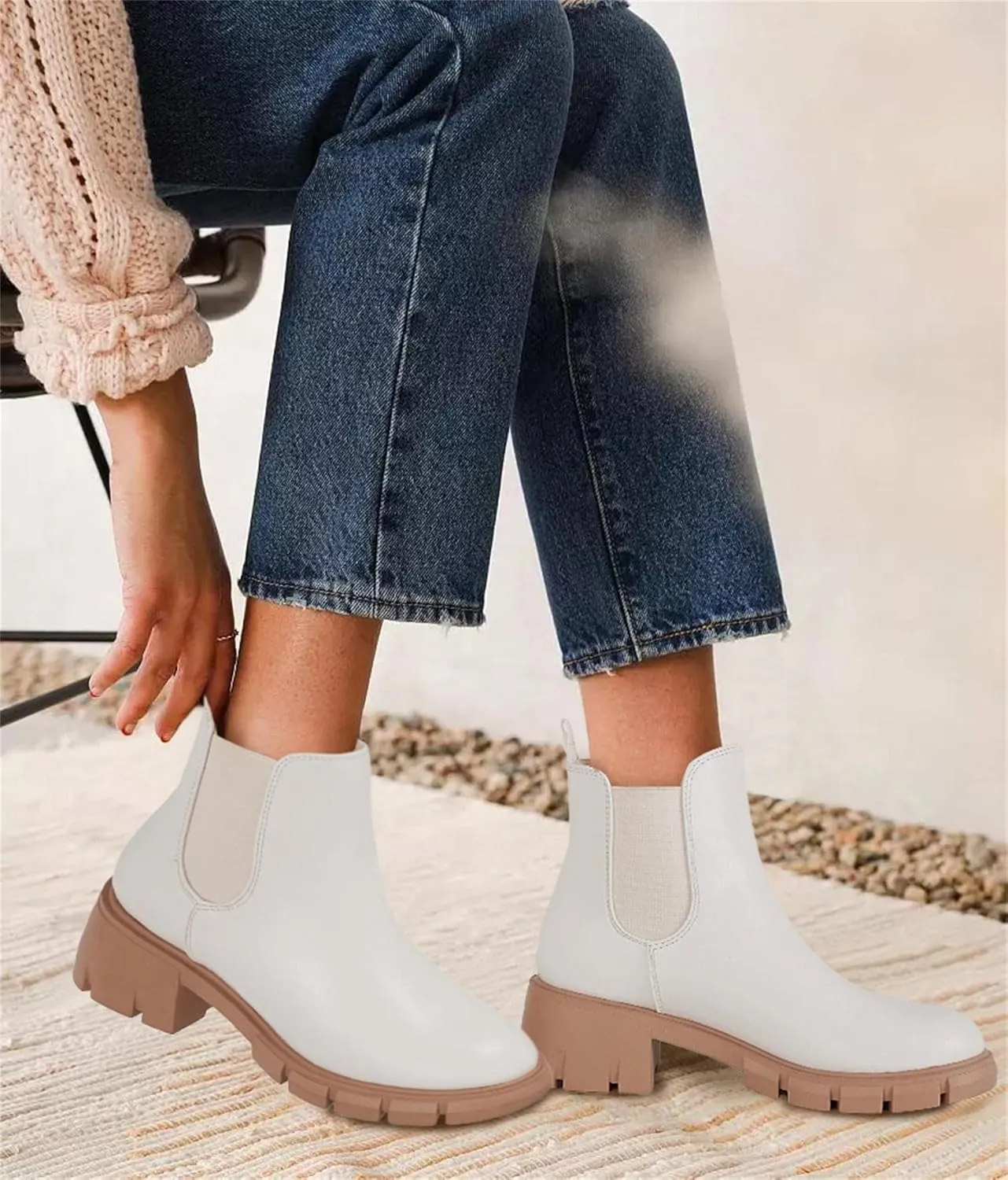 gihubafuil Women’s Chelsea Boots Fashion Platform Chunky Block Heels Slip On Combat Ankle Booties