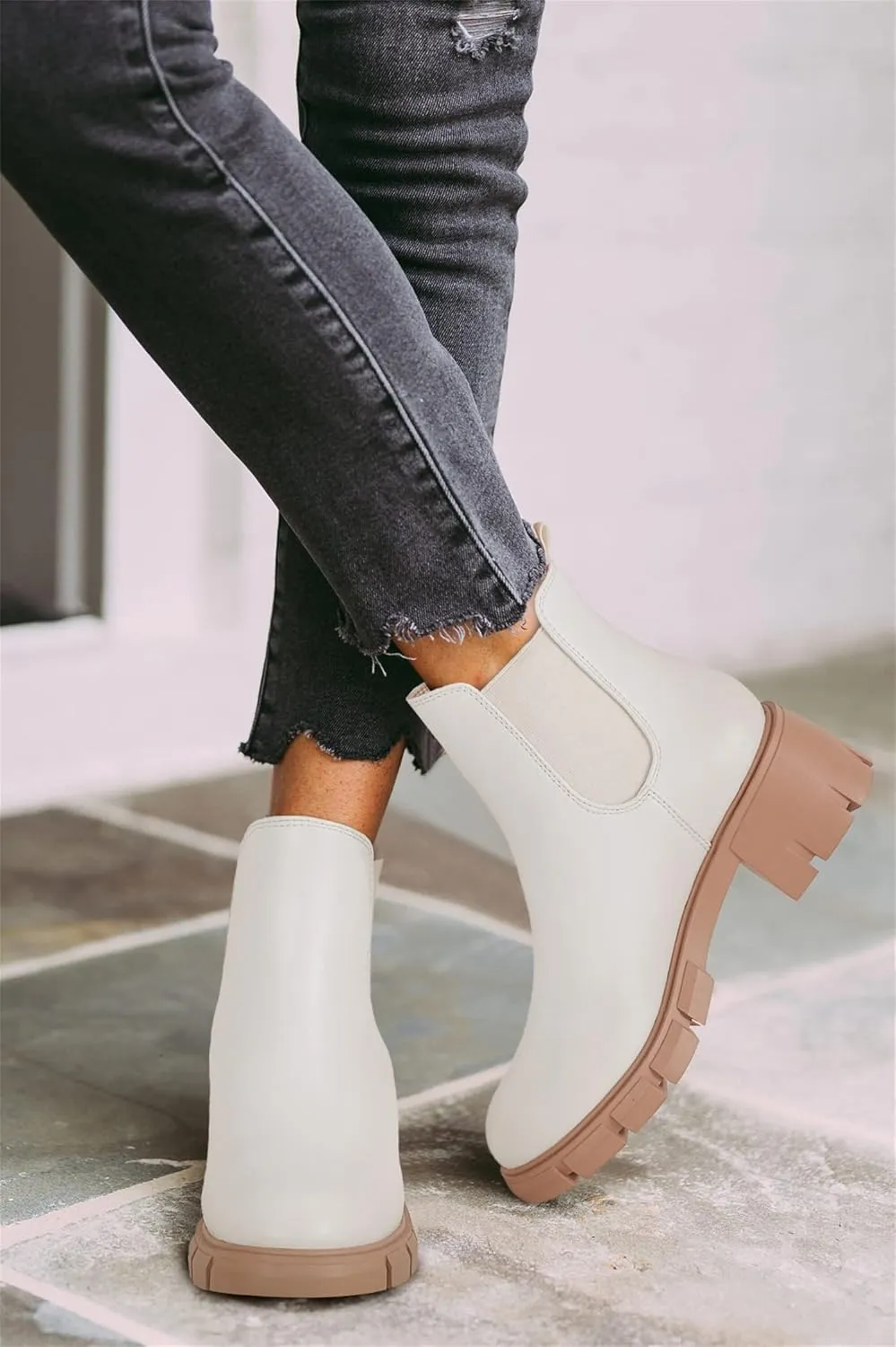 gihubafuil Women’s Chelsea Boots Fashion Platform Chunky Block Heels Slip On Combat Ankle Booties