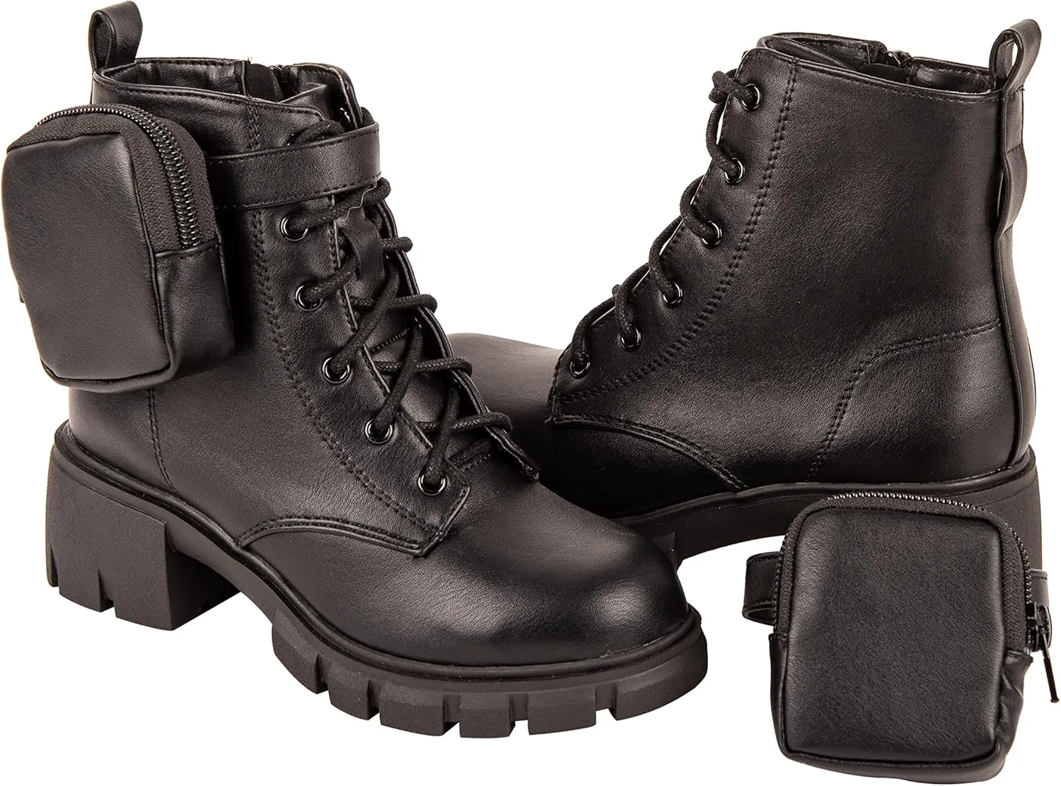 Girls Boots Lug Sole Chunky Heel Fashion Lace up Kids Combat Bootie Side Zipper & Pouch Pouch